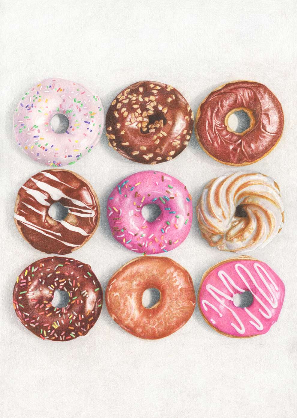 Pencil on Paper, A hand-drawn depiction of ring doughnuts, glazed in bright colours and sprinkles, using pencils.